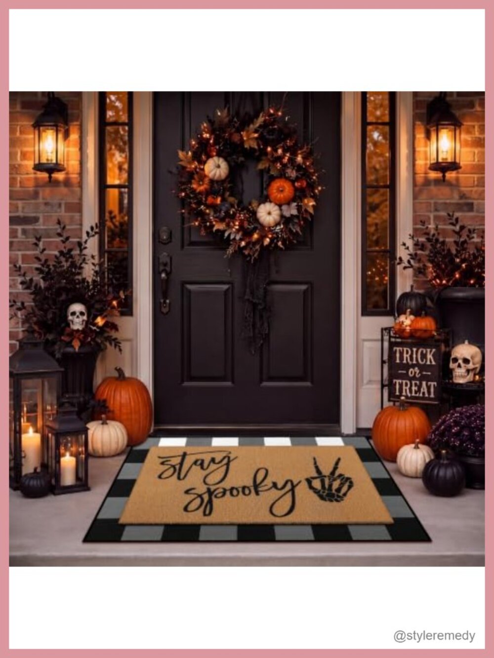 2 Pc Layered Buffalo Plaid Halloween Doormat Set Non Slip Spooky Skeleton